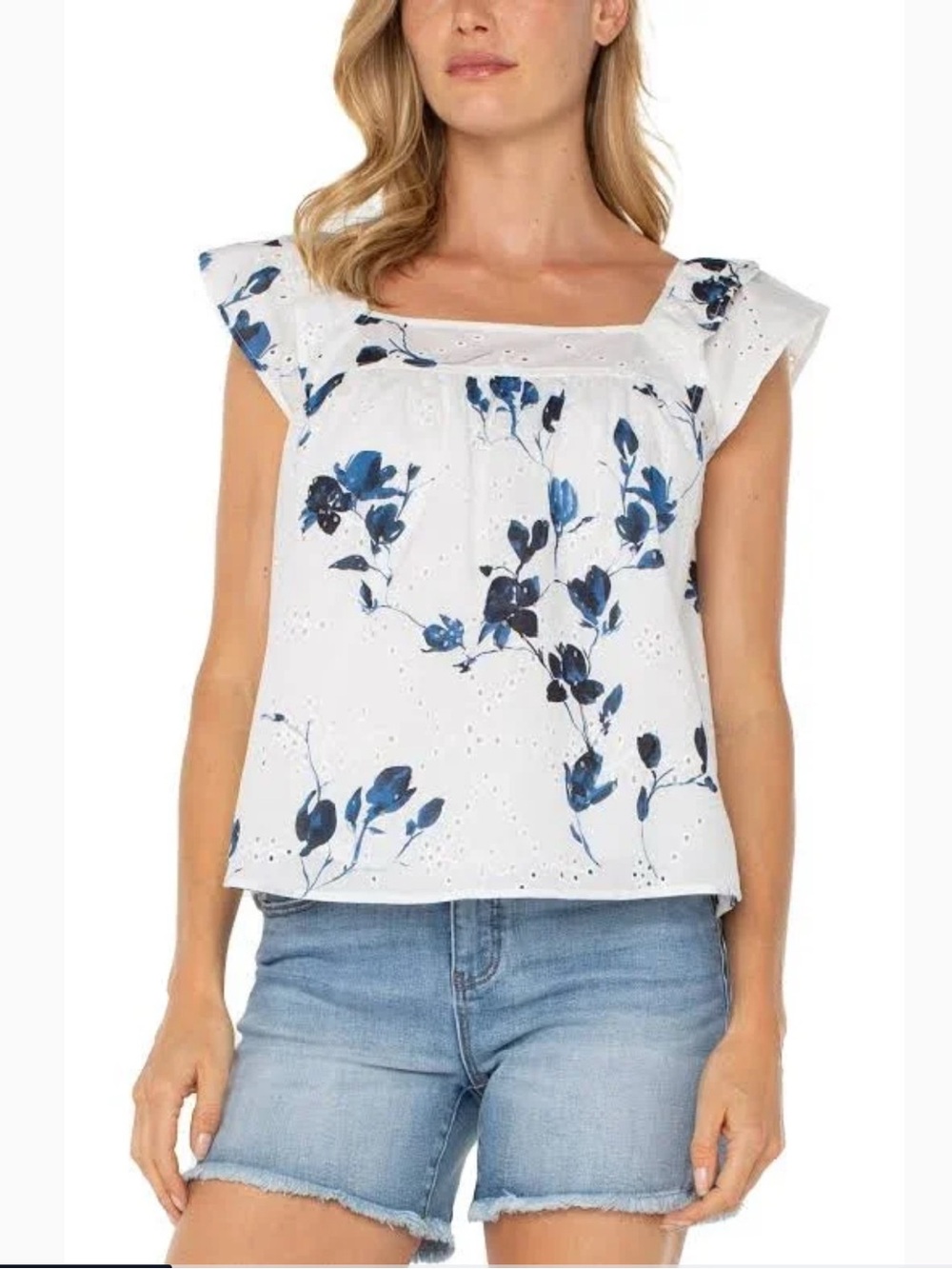Liverpool White Eyelet Square-Neck Top with Blue Floral Print